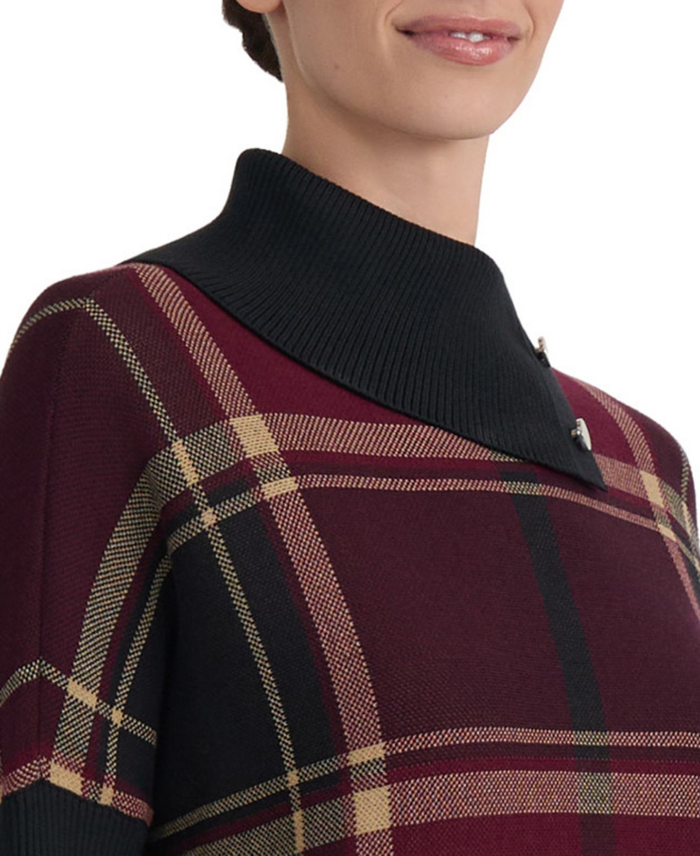 Женский свитер Jones New York Plaid Split-Neck Poncho, цвет: Винный разноцветный — фото 3