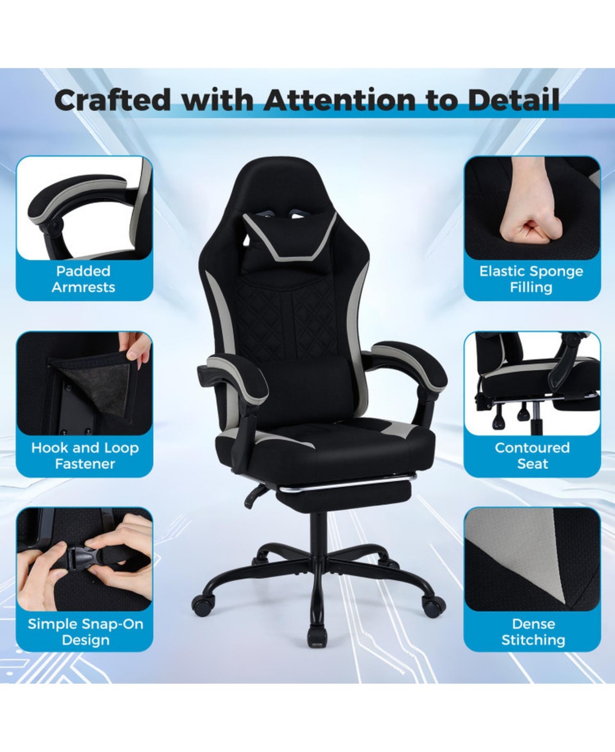 Sugift Height Adjustable Gaming Chair with Headrest Footrest and 360degree(s) Swivel Seat