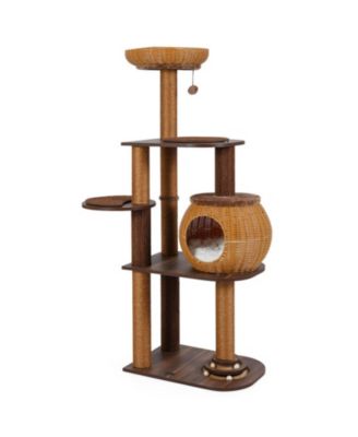 59.5 in Multi-Level Cat Tree Tower with PE Rattan Cat Condo Top Perch and Scratching Posts