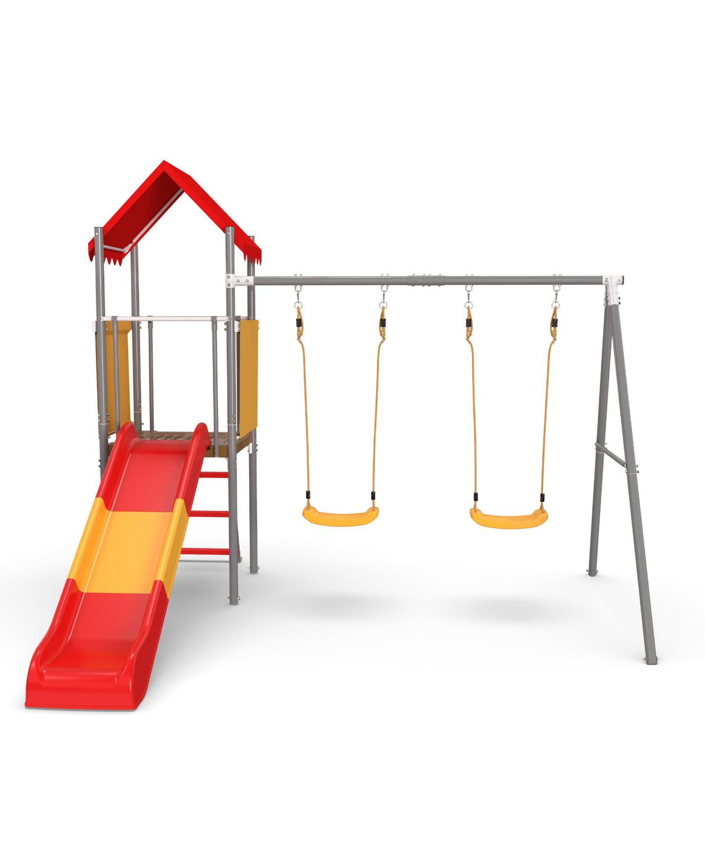 Детские игрушки ZENY Metal and Plastic Treehouse Swing Set with Slide, Belt Swings, and Canopy - Safe, Sturdy, and Portable for Kids Ages 3-8, цвет: Оранжевый красный — фото 3