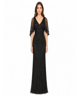 Women's Cape-Sleeve V-Neck Beaded Gown