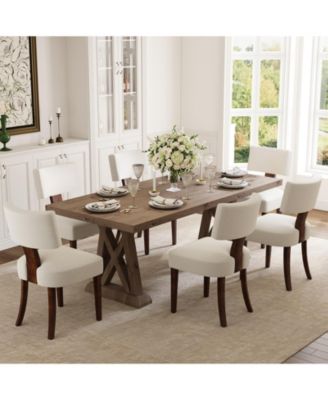 Dining Chairs Set of 6 Mid-Century Modern Curved Backrest Chenille Upholstered Seat Hardwood Frame Wooden Legs Armless Kitchen Side Chairs