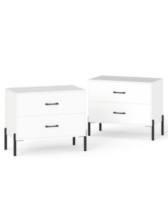 Set of 2 Modern Wooden Nightstands with 2 Drawers and Metal Legs