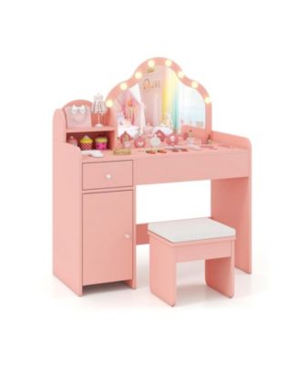 Kids Vanity Desk with Mirror and Lights Princess Pretend Play Dressing Table