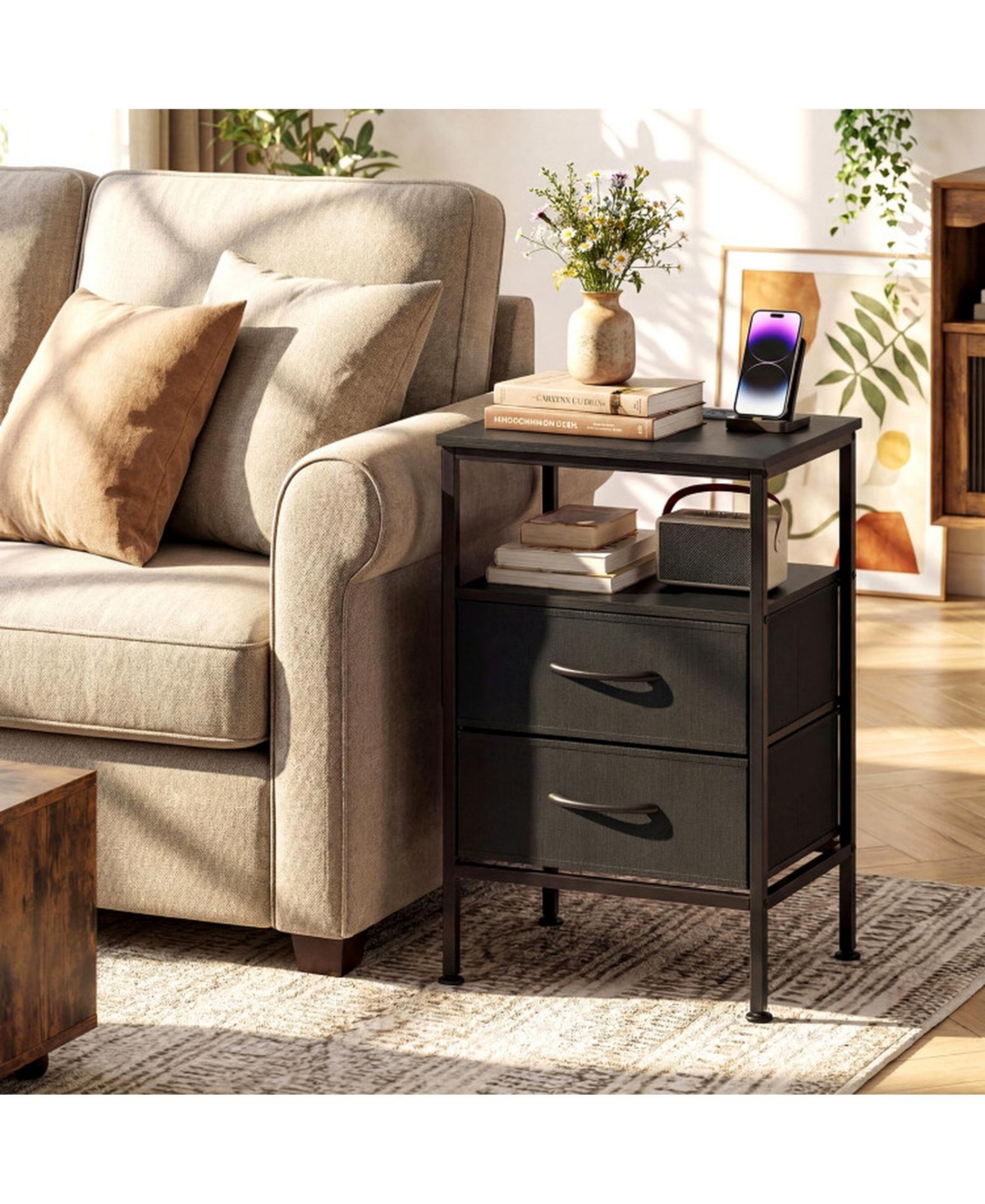 Sugift 24.5 in Modern Nightstand with Charging Station and 2 Fabric Drawers
