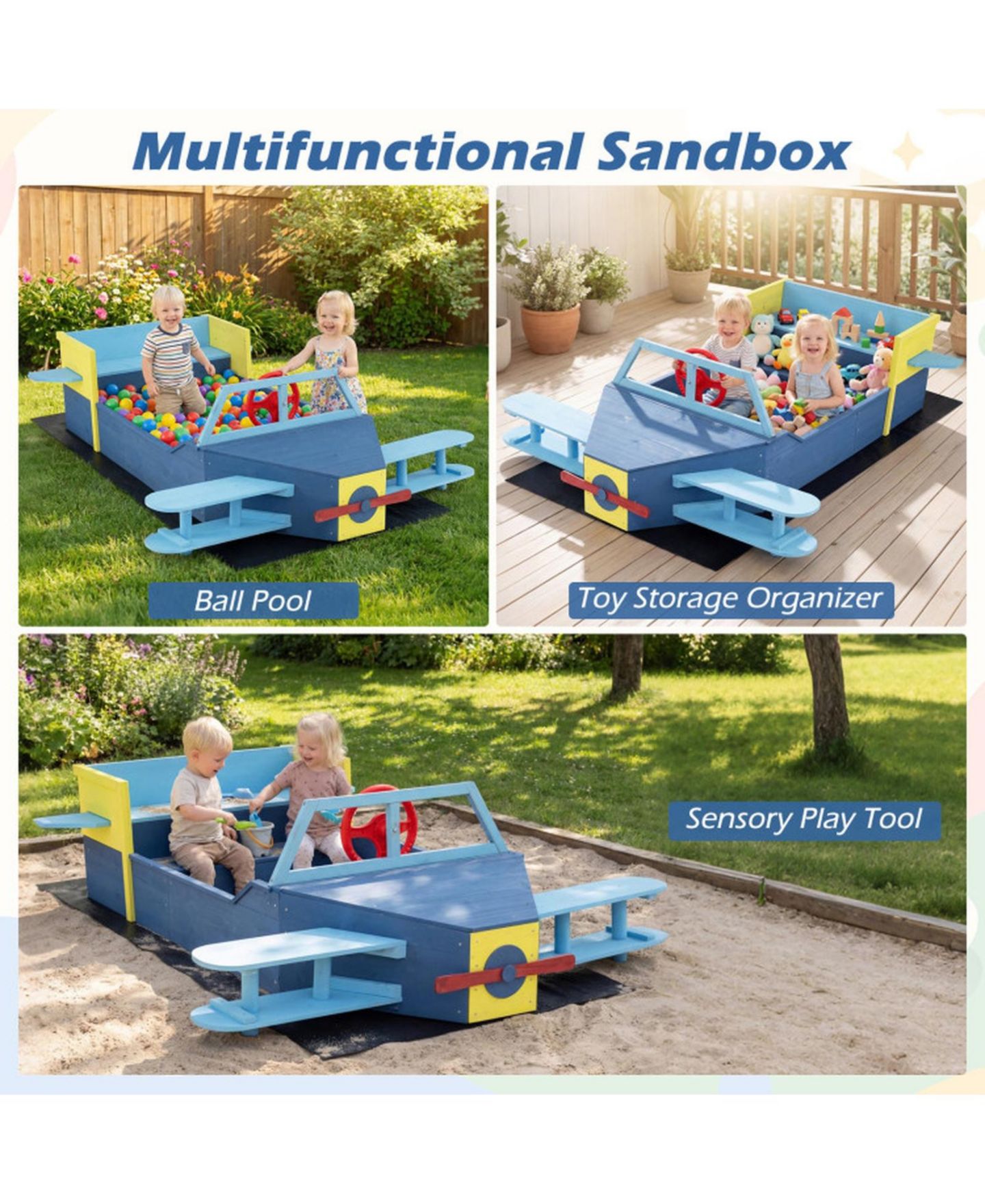 Детская игрушка SUGIFT Large Glider-Inspired Wooden Sandbox with Bench Seat, Ages 3-8, цвет: Синий — фото 6