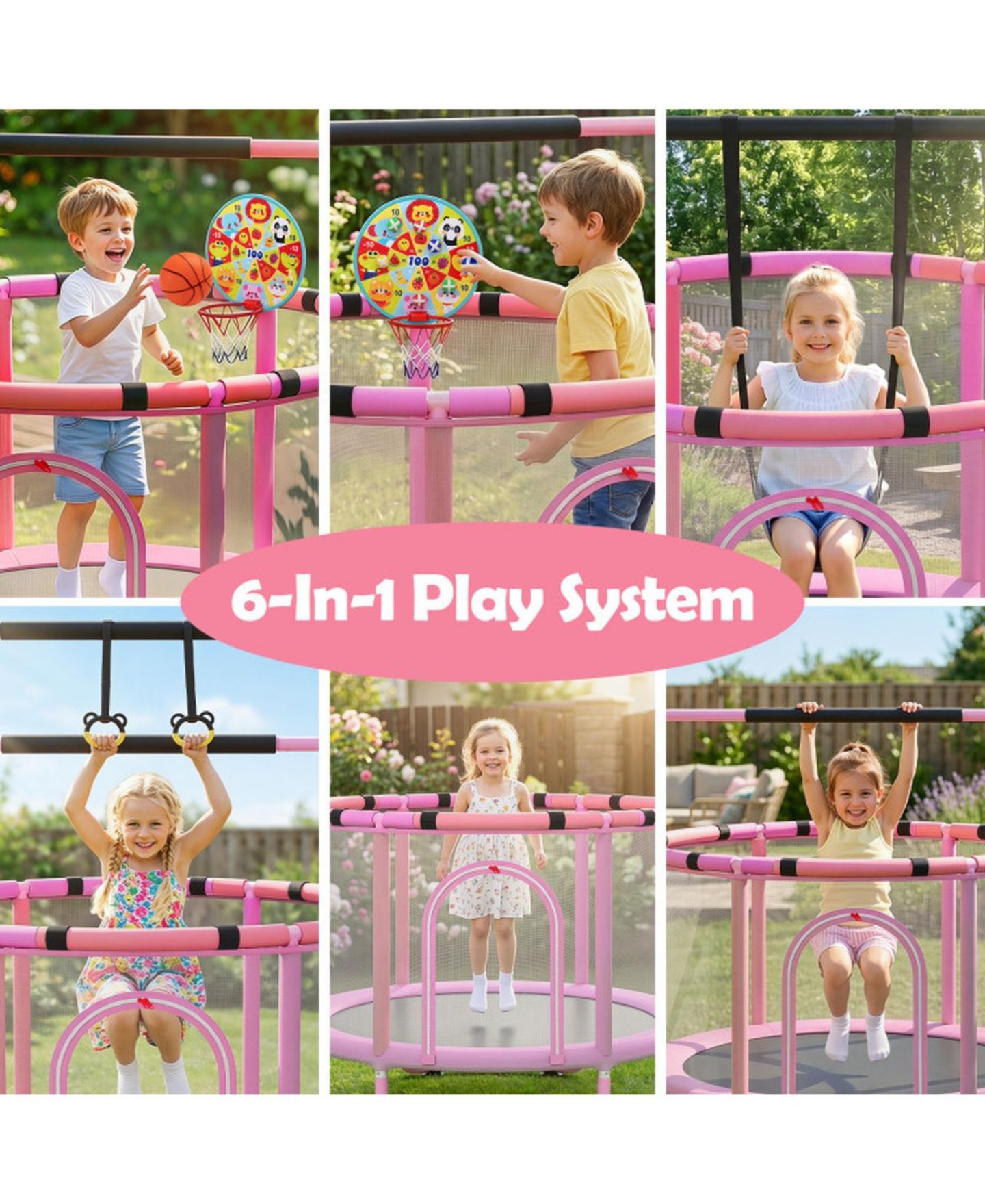 Детская игрушка HONGGE 60-Inch 6-in-1 Toddler Trampoline with Gymnastics Bar and Swing, Gymnastics Bar Rated to 120 lbs, Ages 3+, цвет: Фиолетовый — фото 10