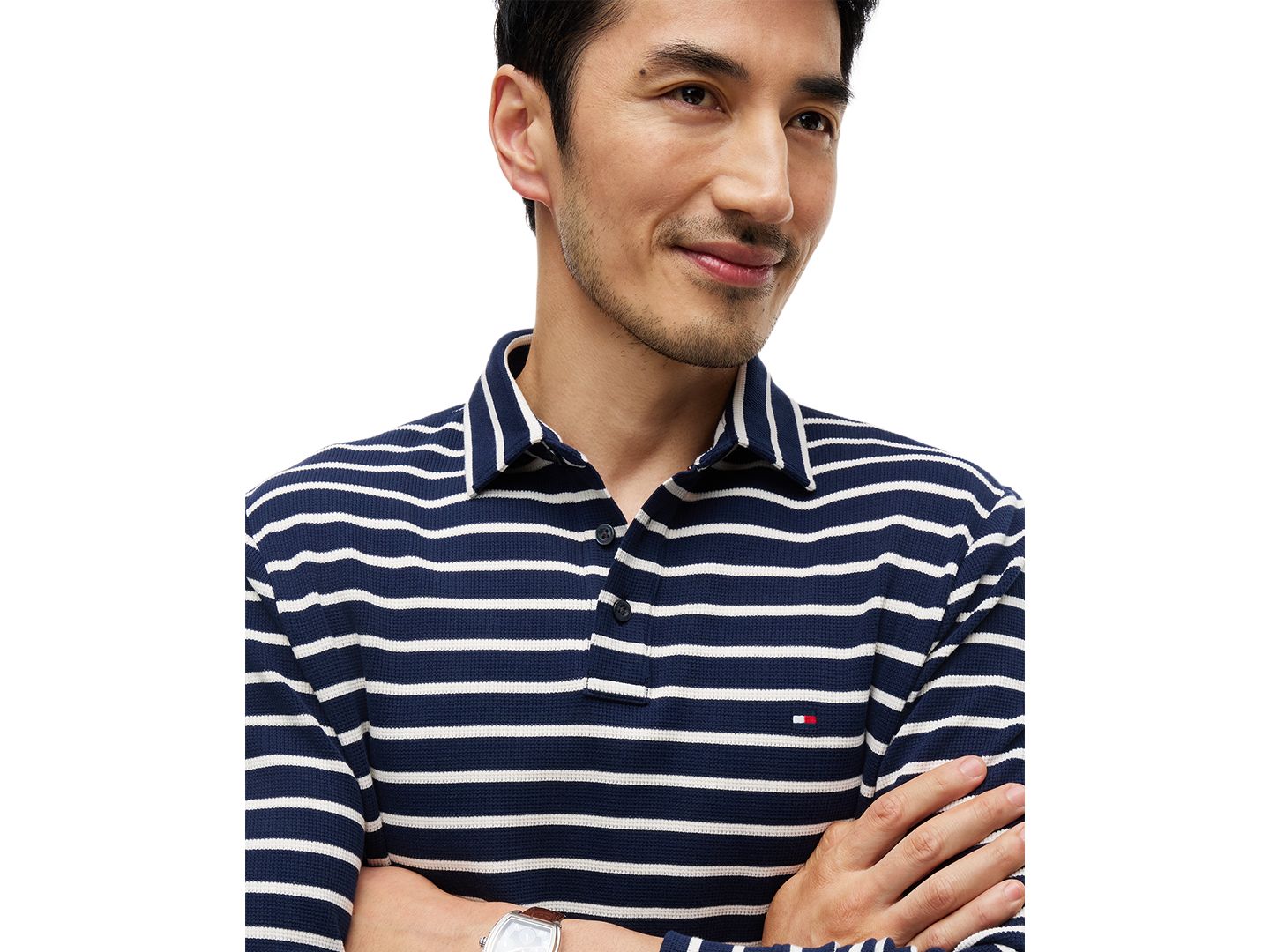Мужское поло Tommy Hilfiger Waffle Stripe Polo Shirt, цвет: Карбоновый тёмно-синий / Слоновая кость — фото 3