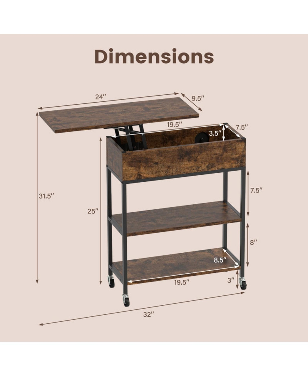 Sugift Lift Top End Table with Hidden Charging Station and Lockable Universal Wheels