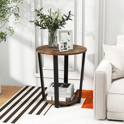2-Tier Round End Table with Removable Bottom Tray and Metal Frame