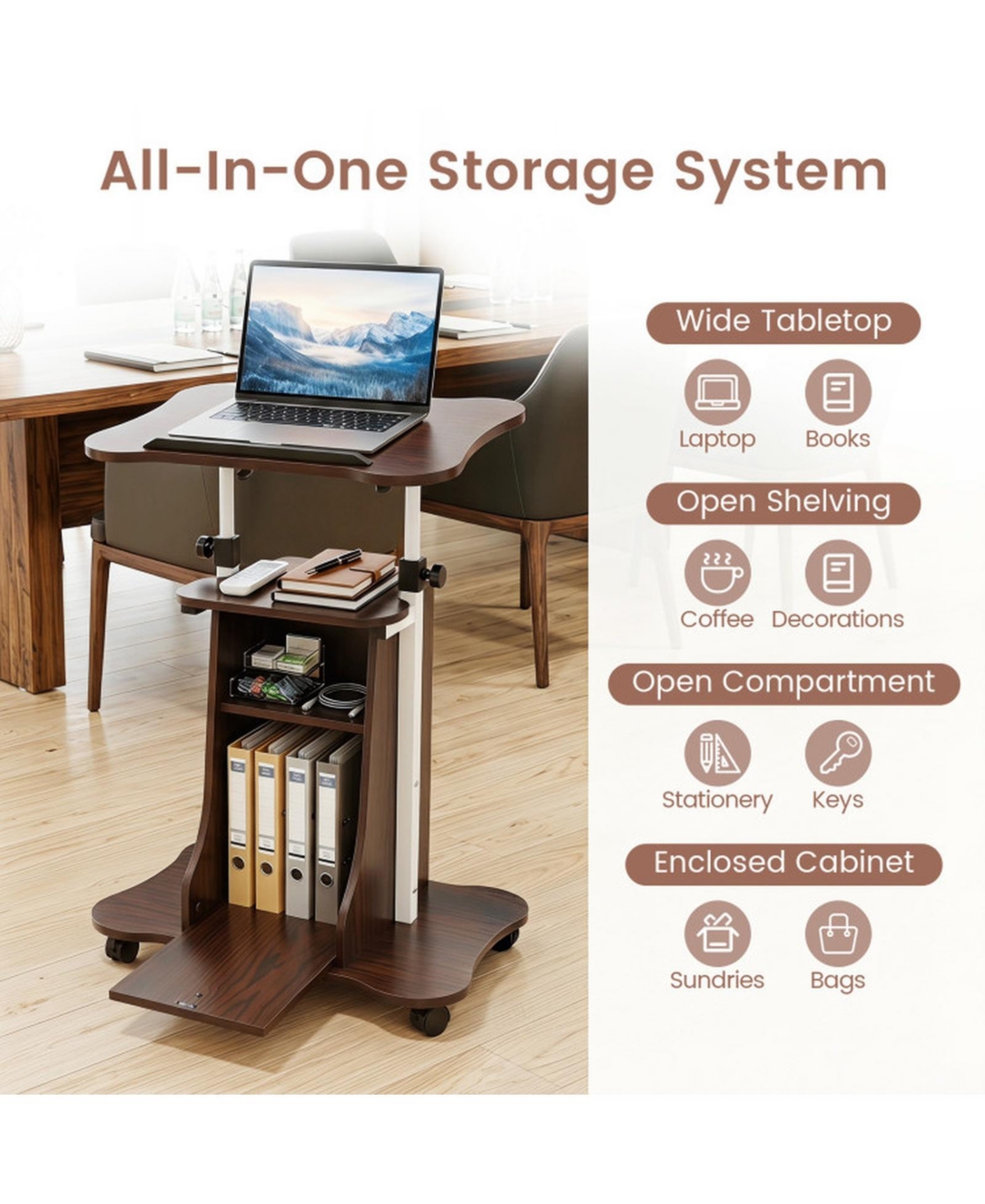 Sugift Adjustable Mobile Standing Desk Cart with 0-180degree(s) Tilt Desktop and Cabinet
