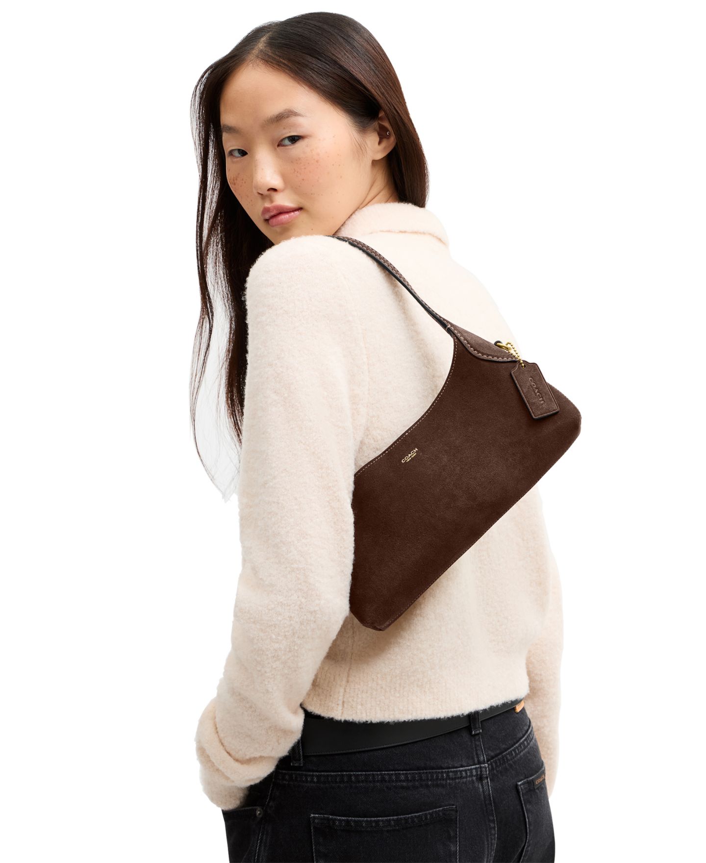 Женская сумка COACH Brooklyn Small Suede Shoulder 26, цвет: Латунный / Шоколадный — фото 8