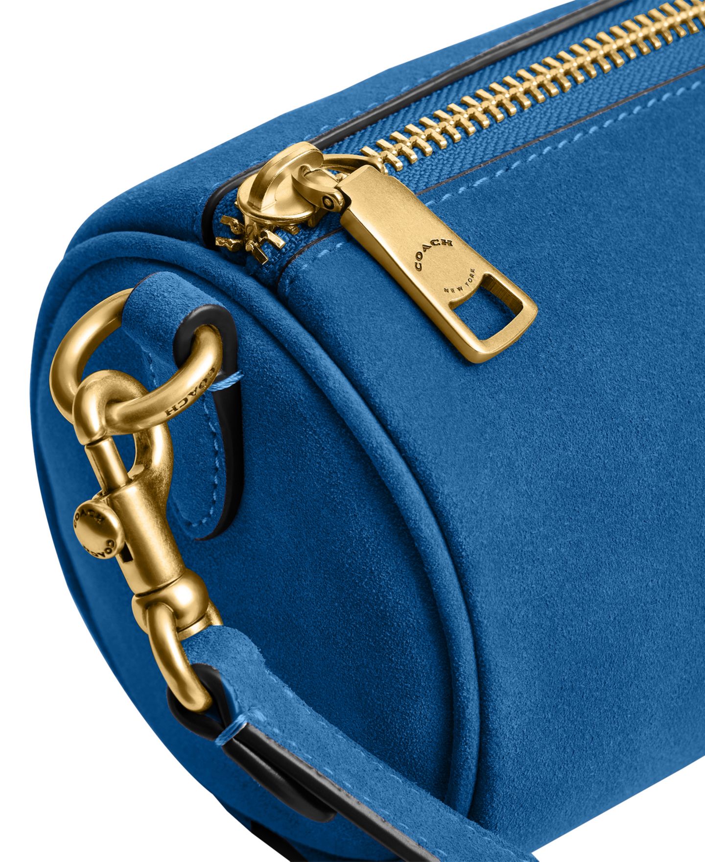 Женская сумка COACH Barrel Small Suede Slim Shoulder, цвет: Латунный / Синий — фото 5