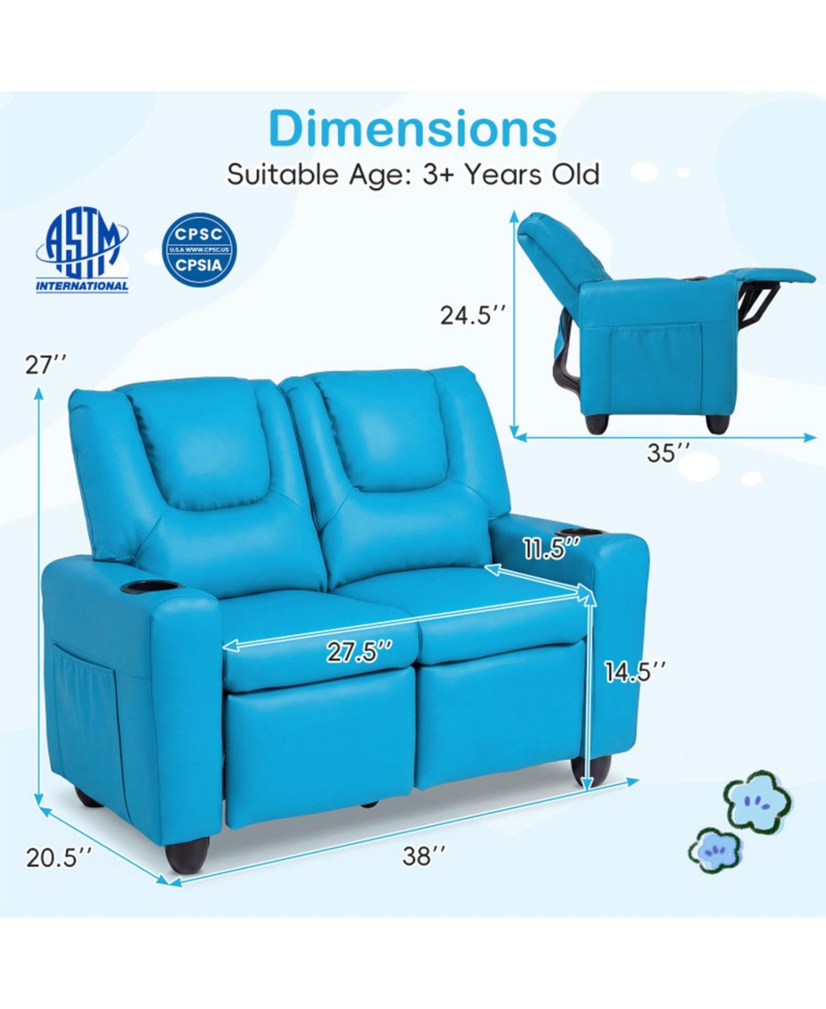 Sugift Kids 2-Seater Reclining Sofa with 2 Cup Holders and Pu Leather Cover