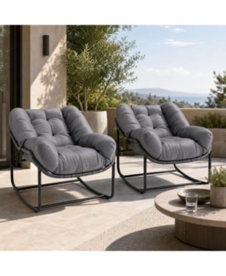 Set of 2 Patio Rocking Chair Set,Indoor Outdoor Padded Rocking Chair,Oversized Papasan Chairs,Wicker Egg Rockers, Lounge Chair for Patio