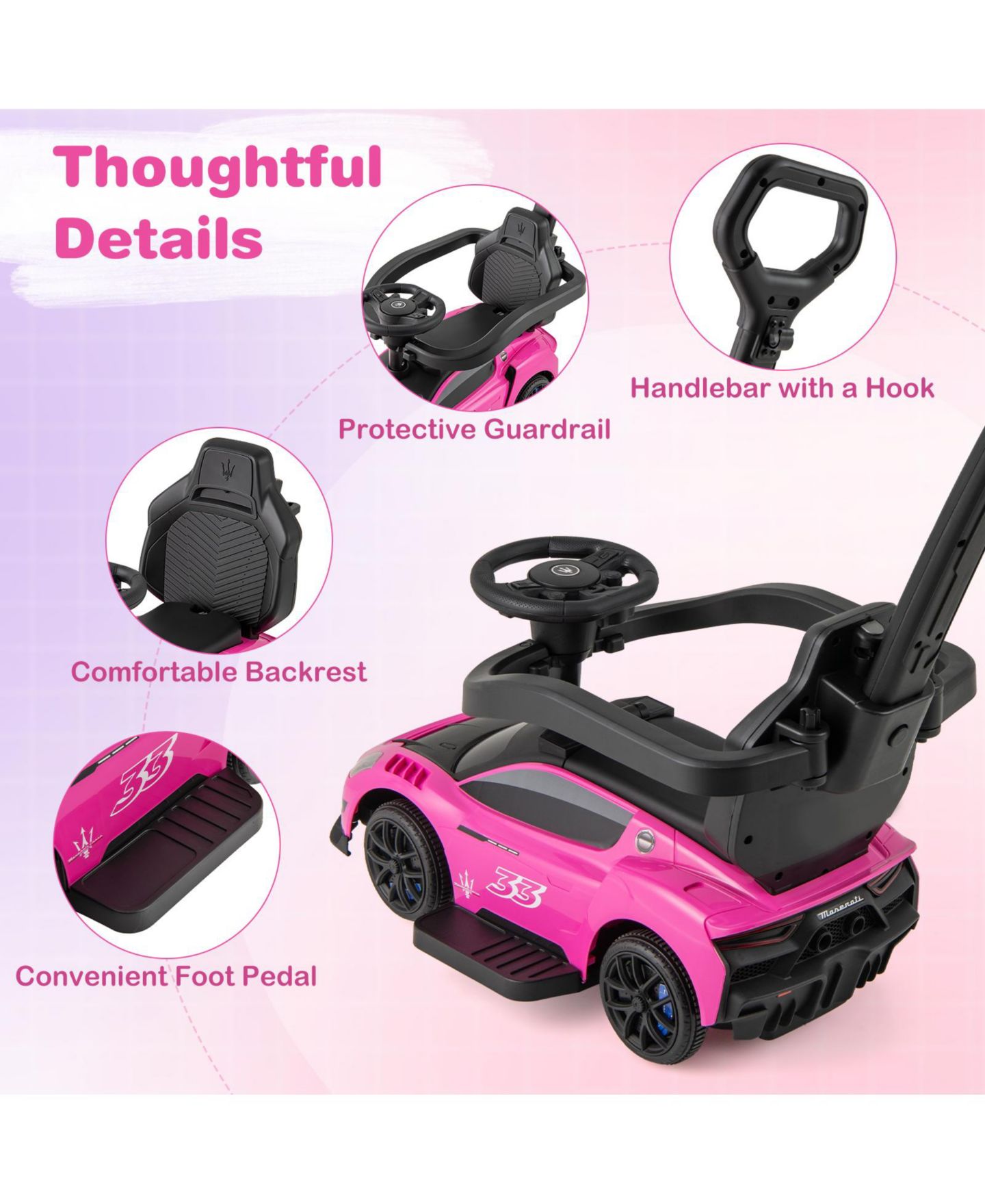 Детская игрушка SUGIFT 3-in-1 Ride-On Push Sliding Car with Music, 35.5"L x 16"W x 35.5"H, Ages 18-60 Months, цвет: Розовый — фото 8