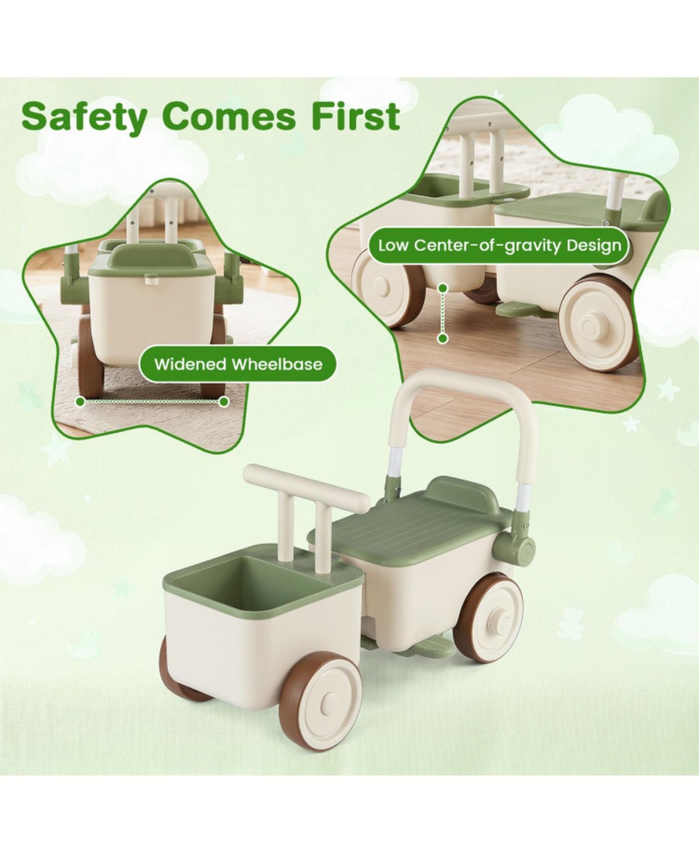 Детская игрушка SUGIFT 3-in-1 Ride-On Push Car with Storage Basket, 26.5" x 11" x 13.7", Ages 3+, цвет: Зелёный — фото 6