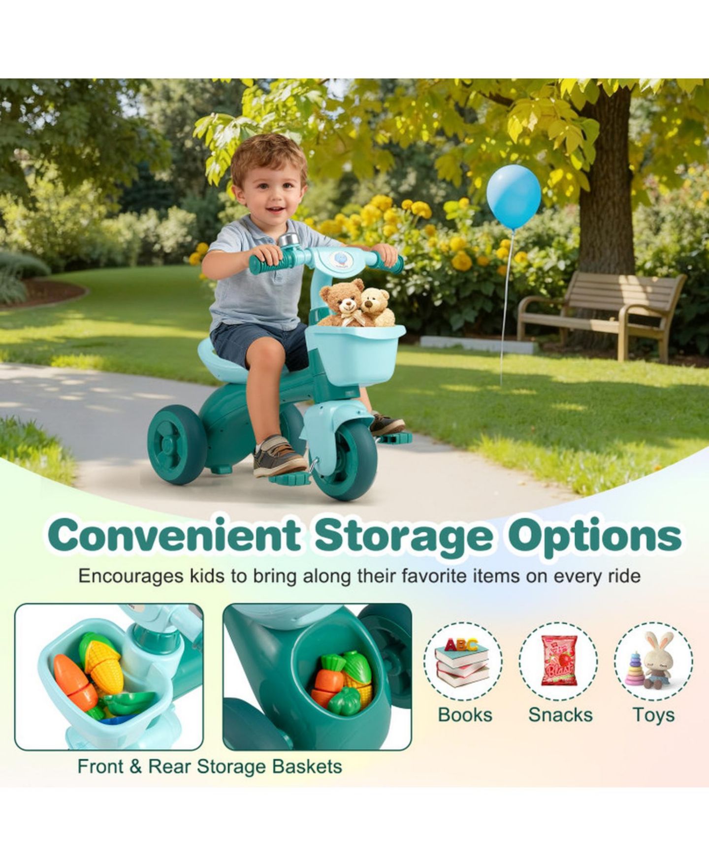 Детская игрушка SUGIFT Toddler Tricycle with Limited Steering, Front and Rear Baskets, and Bell, Ages 3-5, цвет: Зелёный — фото 9