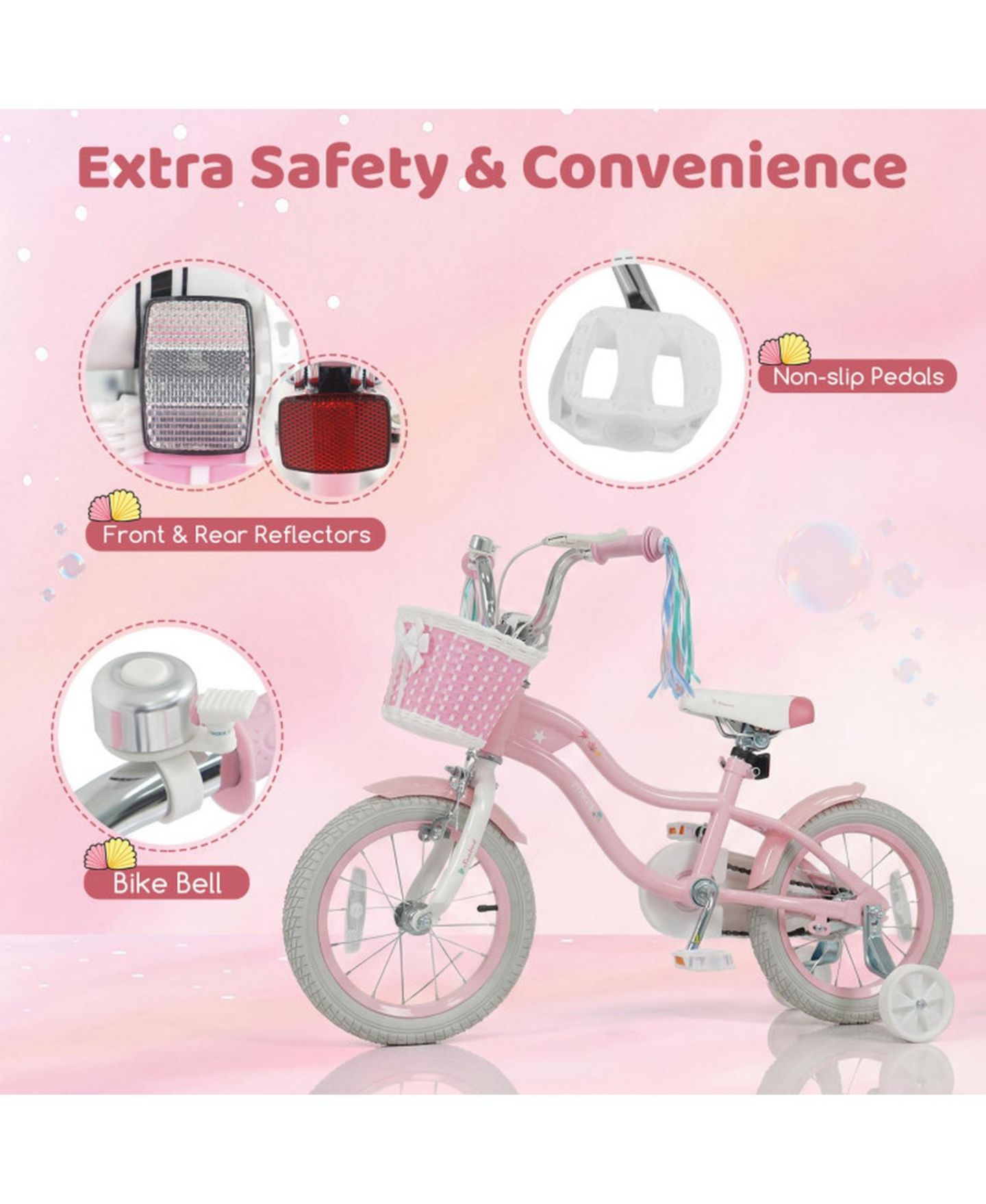 Детская игрушка SUGIFT 14 in Kids Bike Adjustable with Basket and Streamers for Girls Aged 3-5 Years Old, цвет: Розовый — фото 7