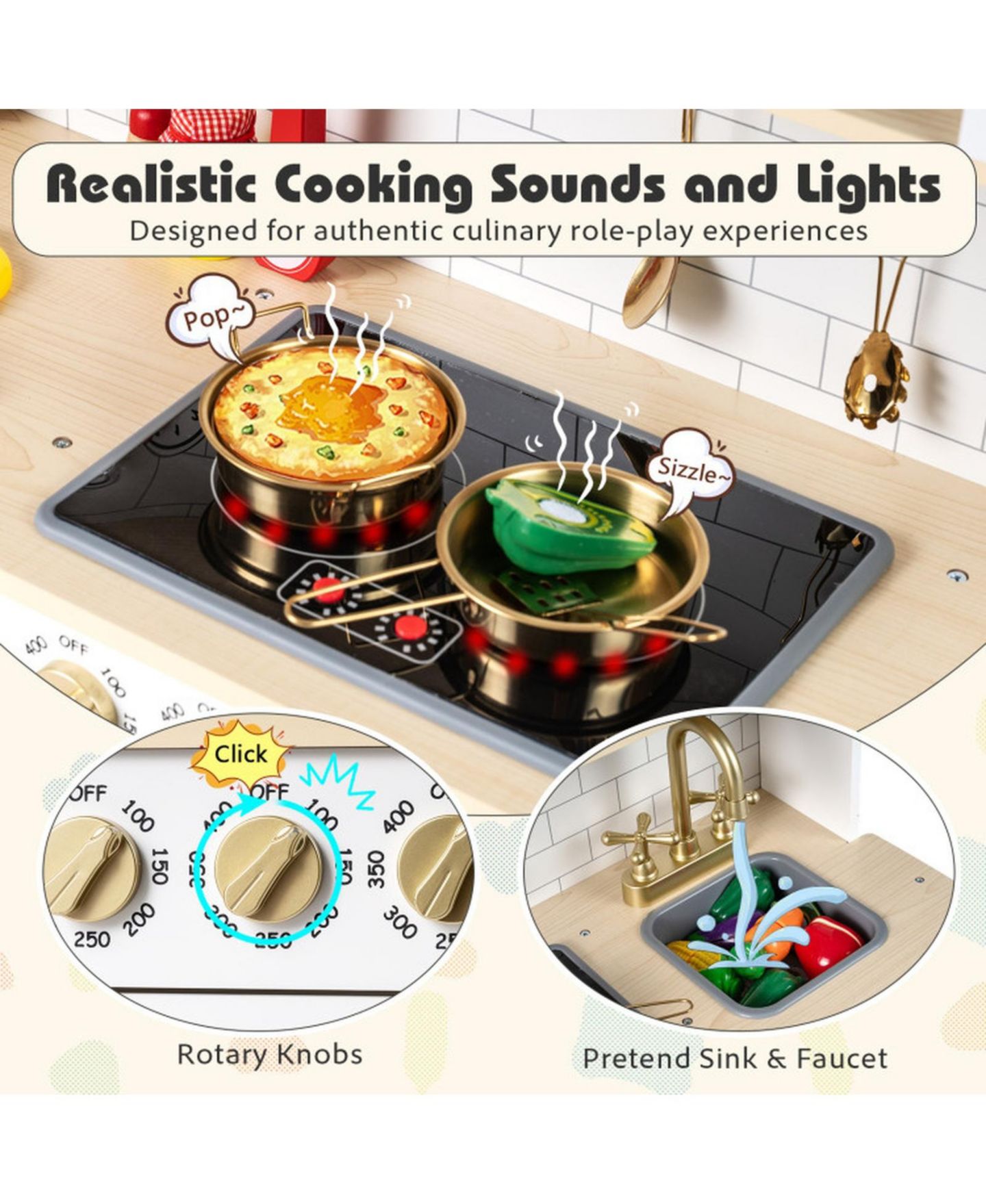 Детские игрушки SUGIFT Lights and Sounds Wooden 14-Piece Play Kitchen, Ages 3+, цвет: Белый — фото 8