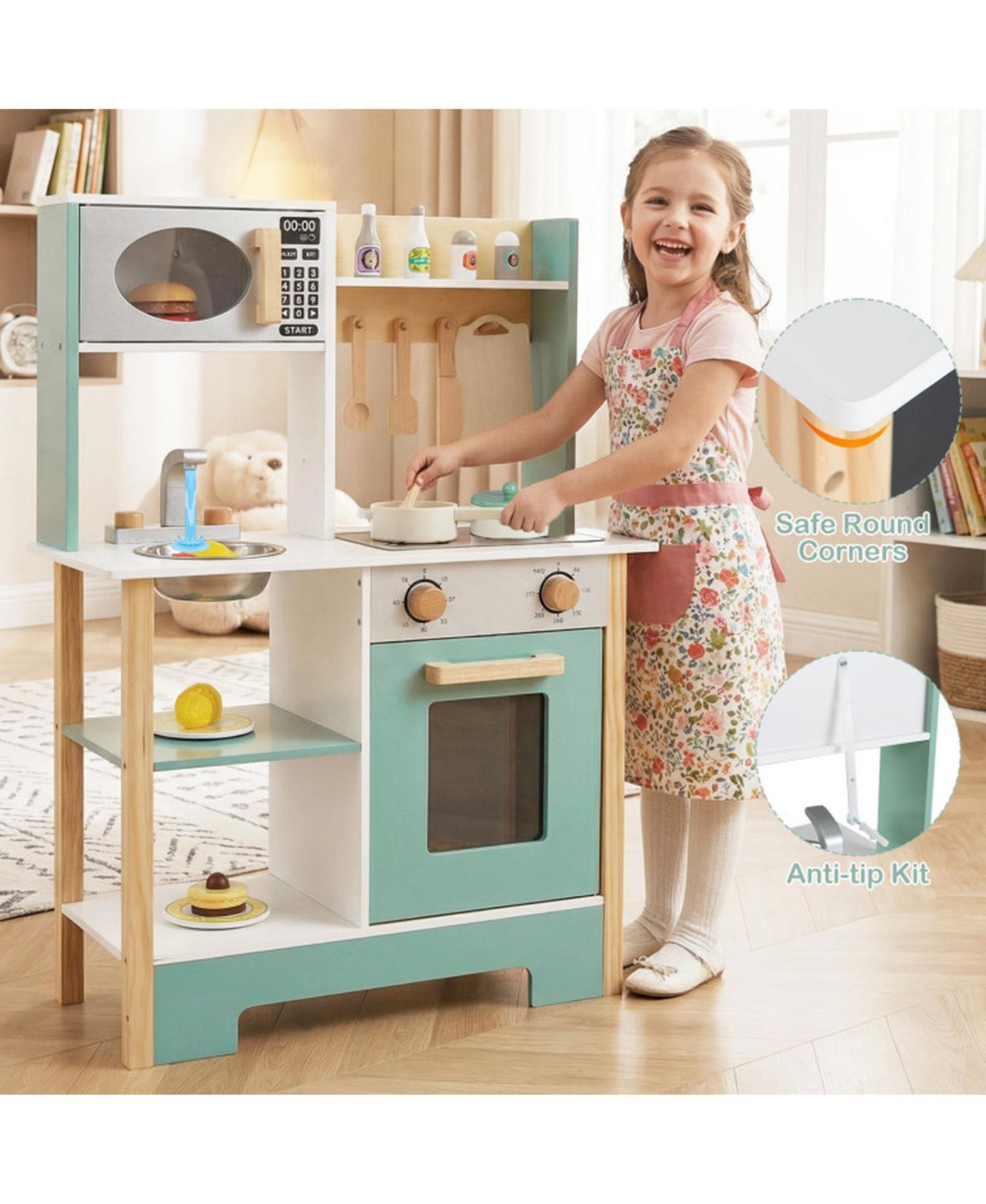 Детская игрушка SUGIFT Wooden Play Kitchen with Chalkboard, 13-Piece Playset, Ages 3+, цвет: Зелёный — фото 8