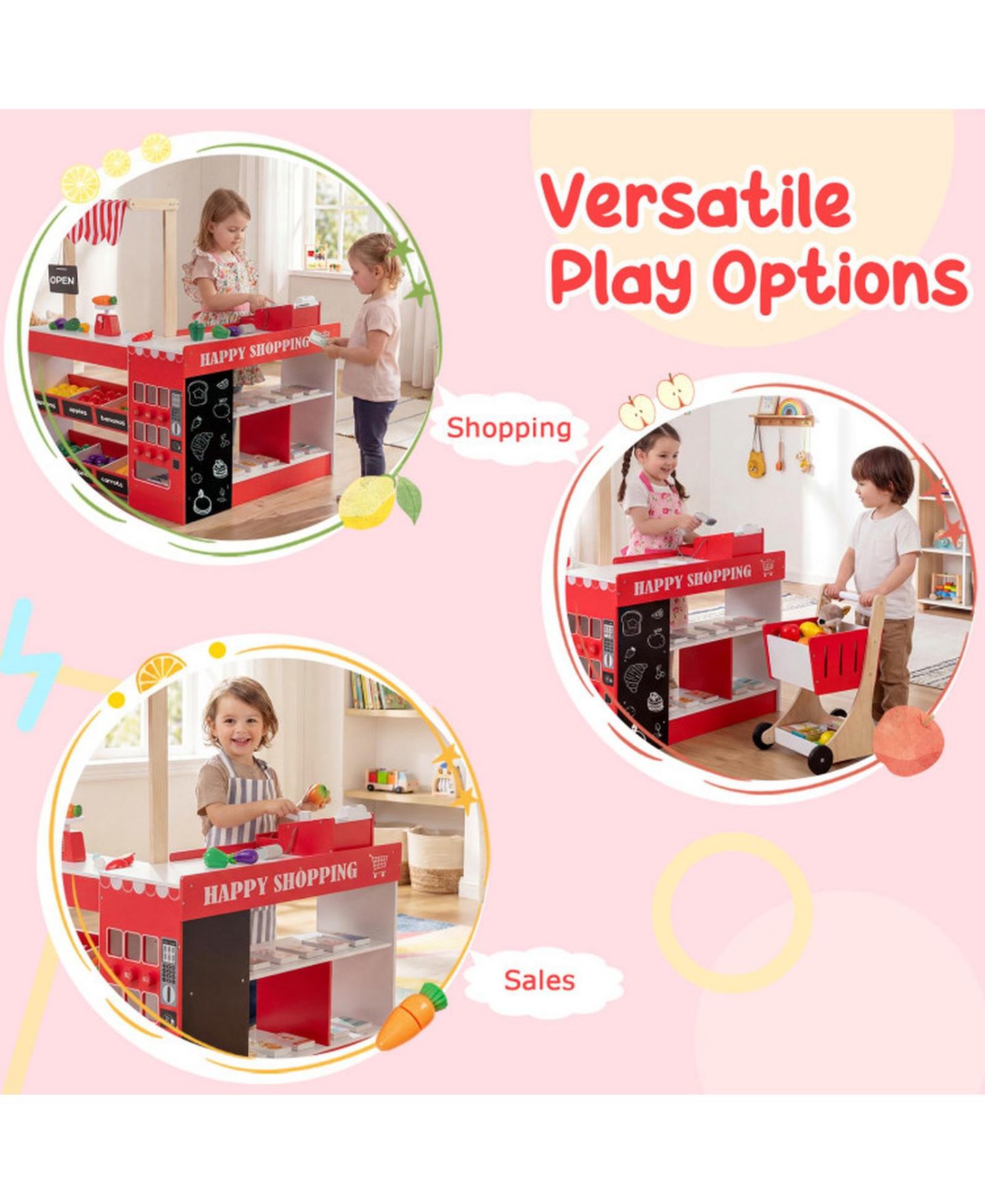 Детский игровой набор SUGIFT Wooden Grocery Store Interactive Playset with Shopping Cart, Ages 3+, цвет: Красный — фото 7