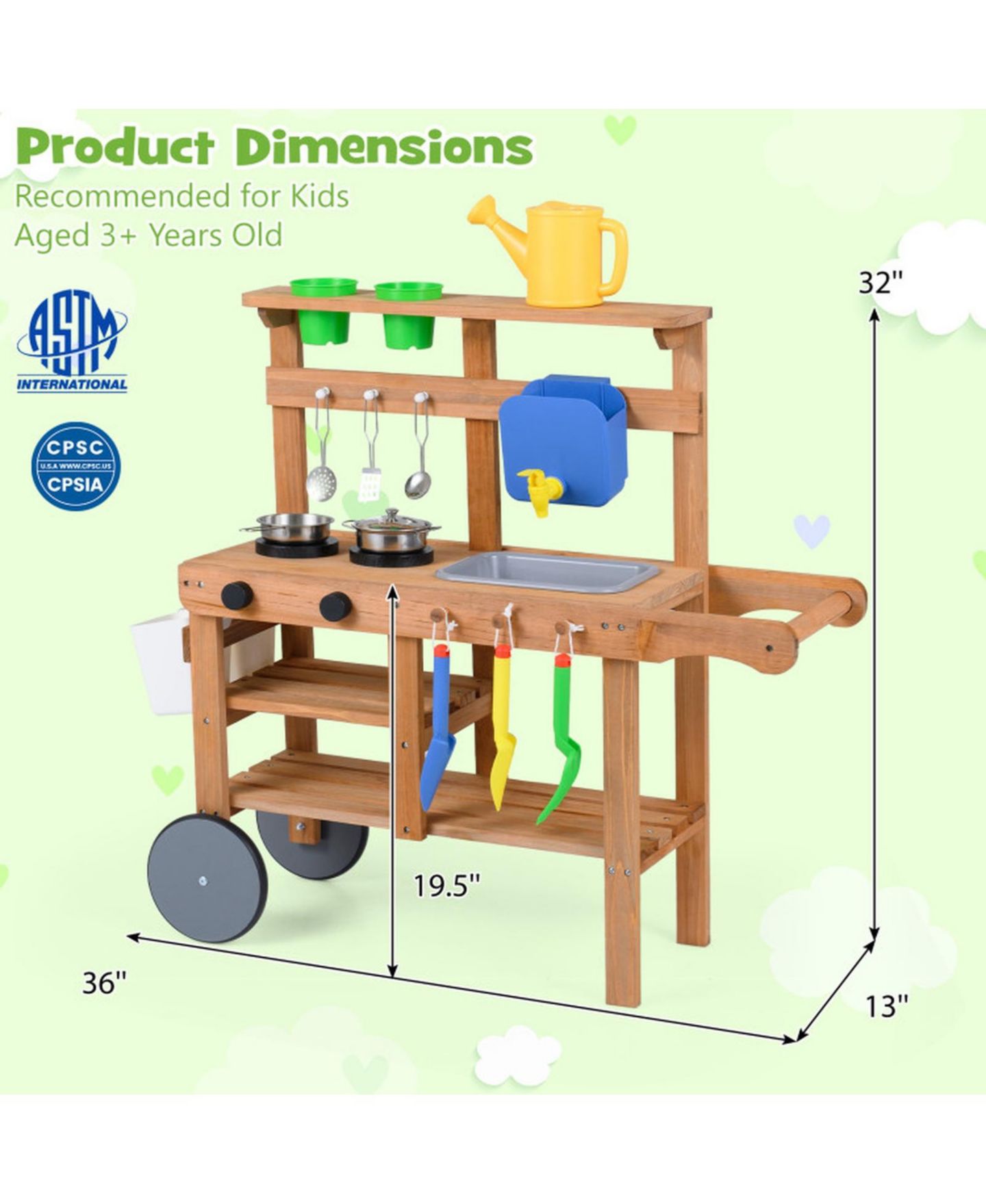 Детские игрушки SUGIFT Water Tank & Sink 15-Piece Mud Kitchen, Ages 3+, цвет: Натуральный — фото 3