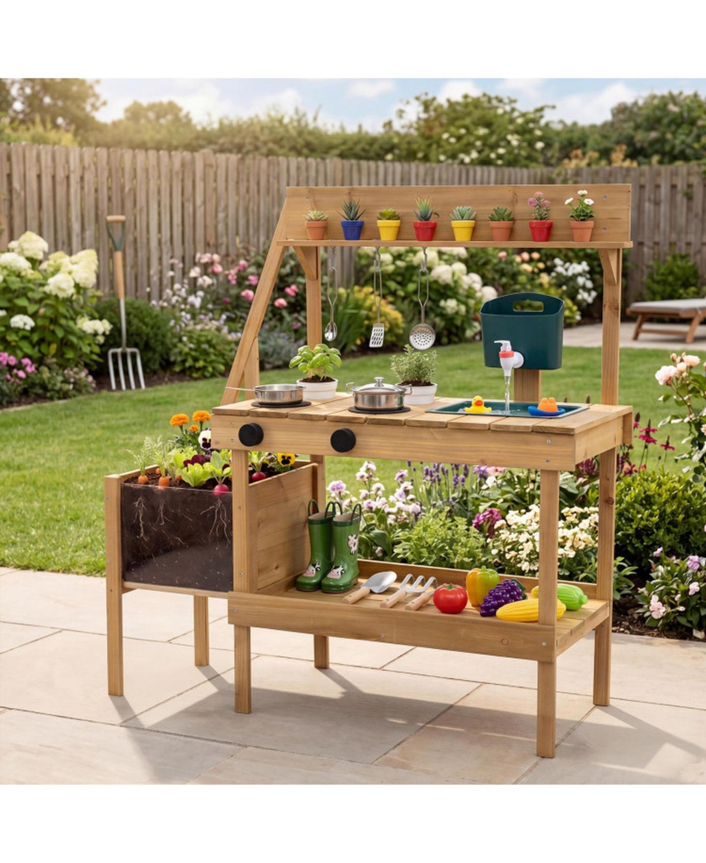 Детская игрушка SUGIFT Wooden Raised Planter Box Mud Play Kitchen with 2 Flowerpots, Ages 3+, цвет: Натуральный — фото 2