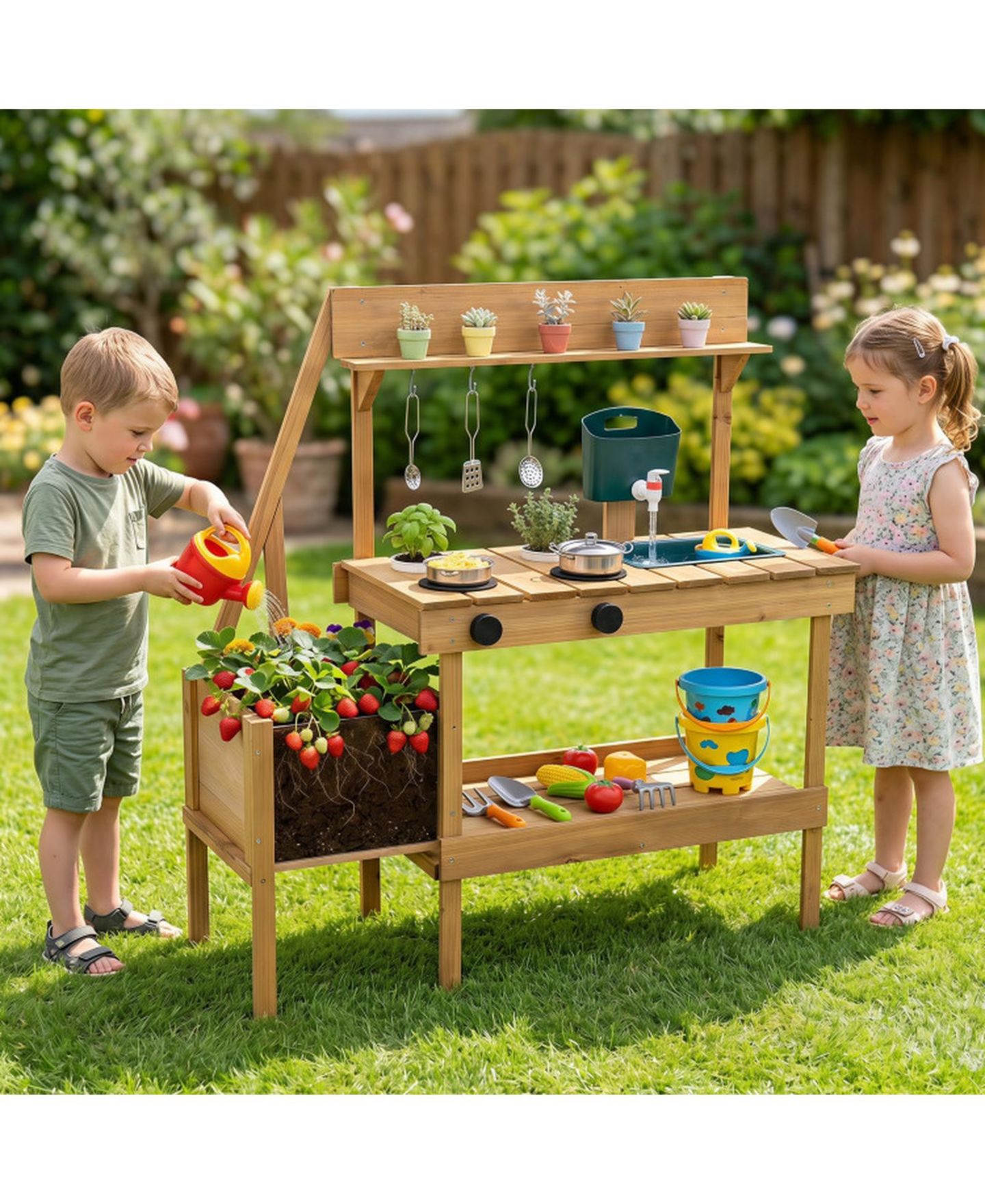 Детская игрушка SUGIFT Wooden Raised Planter Box Mud Play Kitchen with 2 Flowerpots, Ages 3+, цвет: Натуральный — фото 10