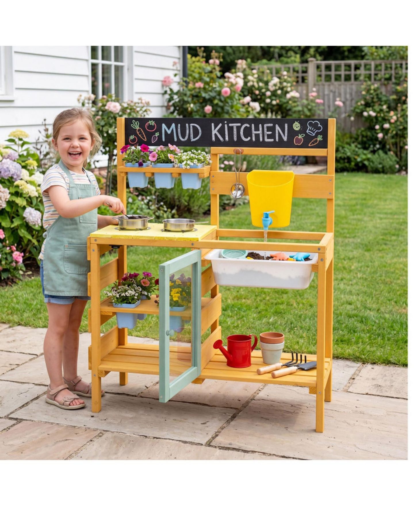Детские игрушки SUGIFT Wooden 13-Piece Mud Kitchen with Water Tank, Faucet, and 2 Stoves, Ages 3+, цвет: Жёлтый — фото 9