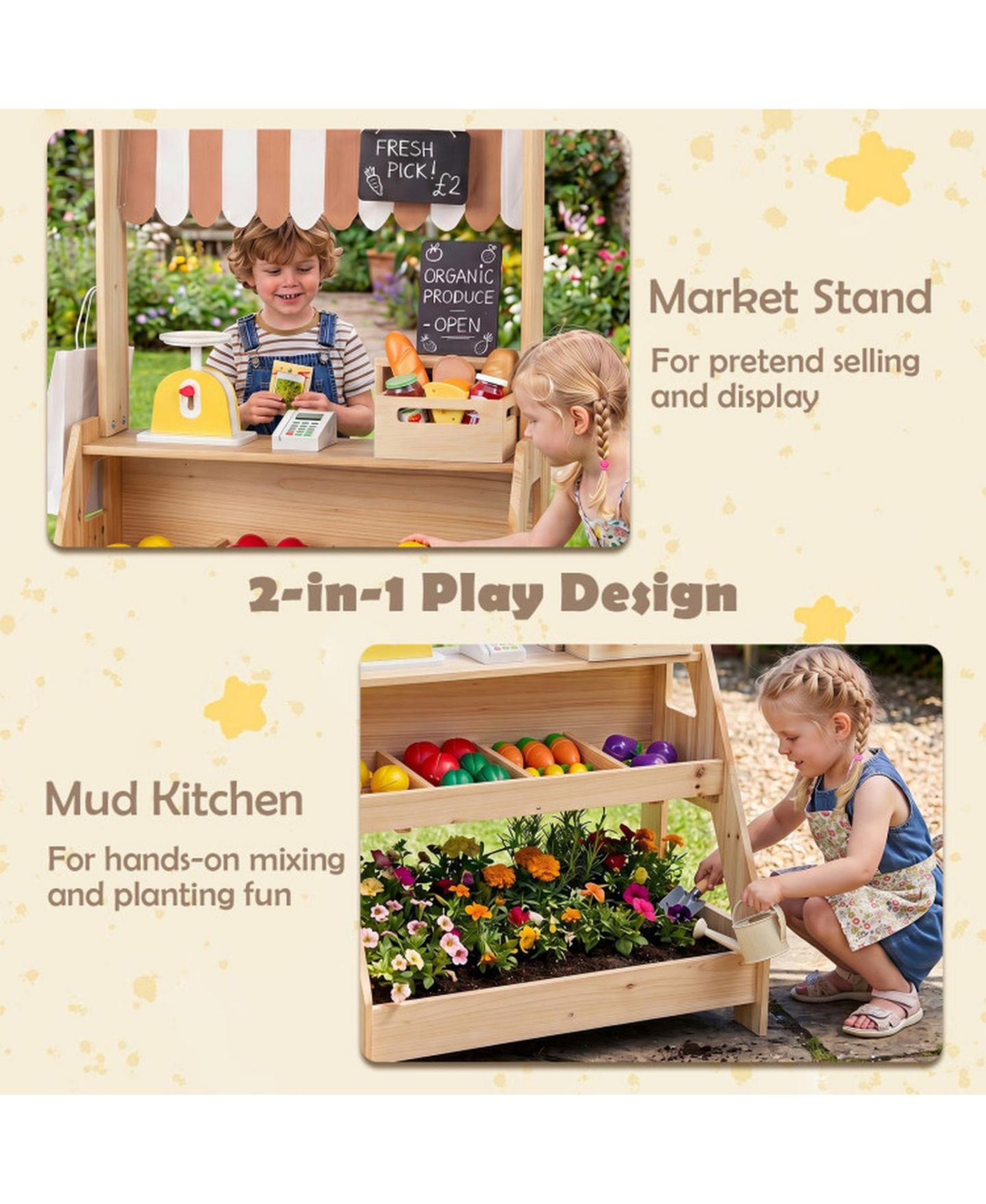 Детский игровой набор SUGIFT 2-in-1 Wooden Mud Kitchen and Market Stand 25-Piece Playset, Ages 3+, цвет: Натуральный — фото 7