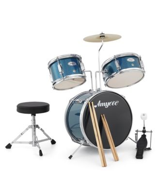 3-Piece Junior Drum Set for Kids - Complete Percussion Kit with Bass Drum, Tom, Snare, Cymbal, Drumsticks, Pedal and Adjustable Stool