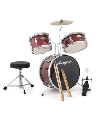 3-Piece Junior Drum Set for Kids - Complete Percussion Kit with Bass Drum, Tom, Snare, Cymbal, Drumsticks, Pedal and Adjustable Stool