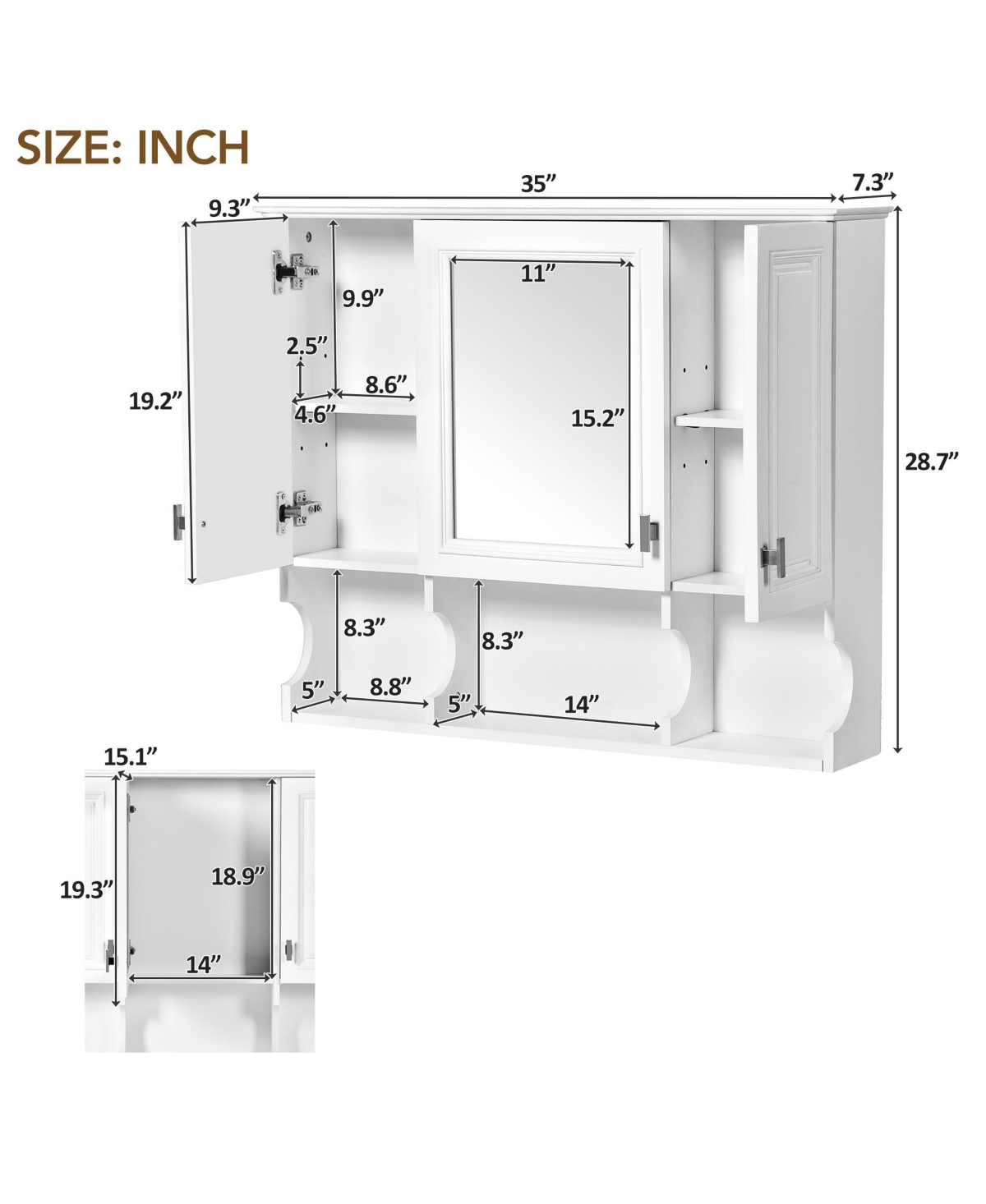Busdays 35 x 28 Inch Wall Mounted Bathroom Medicine Cabinet Modern Wall Cabinet with Mirror and 3 Open Shelves