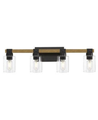 4 Light Farmhouse Vanity Light Antique Wood Bathroom Wall Light with Clear Glass Shades for Mirror Bedroom Hallway No Bulbs