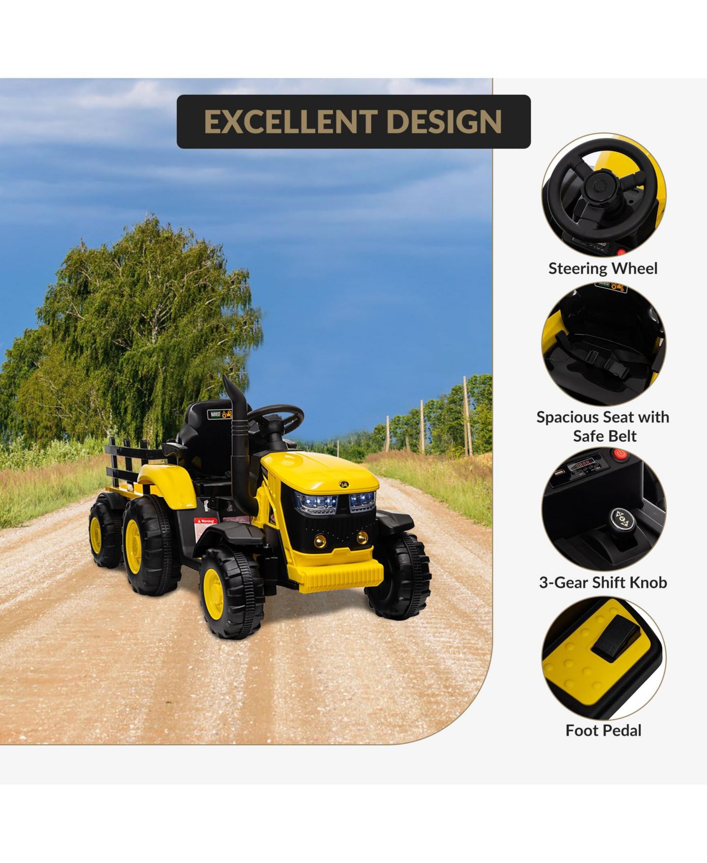 Детская игрушка homfan Electric Ride On Tractor with Detachable Garden Trailer, Rechargeable Remote Control, Ages 3-8 — фото 6