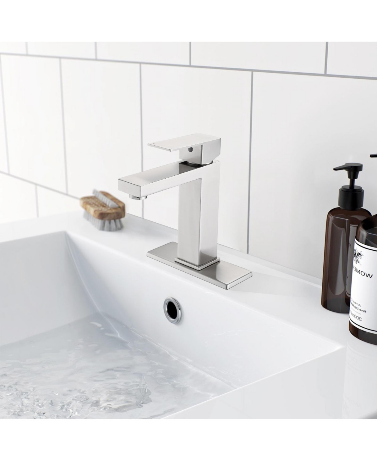 Busdays Single Hole Single Handle Stainless Steel Bathroom Sink Faucet with Deckplate Drain Assembly