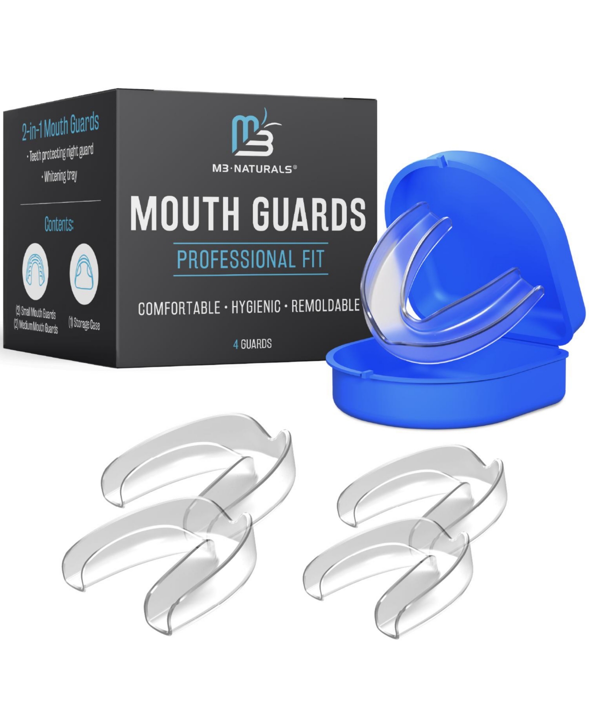 M3 Custom Fit Dental Mouth Guards with Storage Case, 4 Count