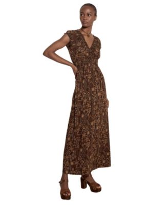 Women's Batik Star Flower V-Neck Cap-Sleeve Boho Maxi Dress