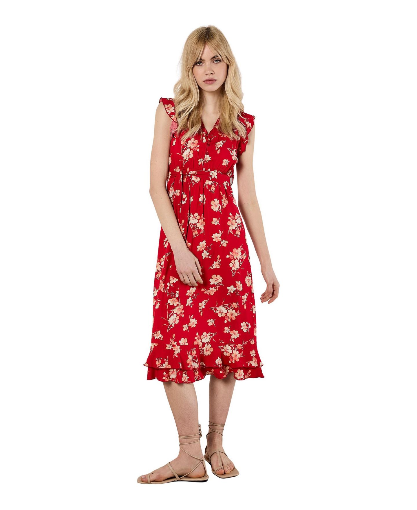 Женское платье Apricot Rock Cress Floral-Print Button-Front Ruffle-Cap-Sleeve Midi, цвет: Красный — фото 1