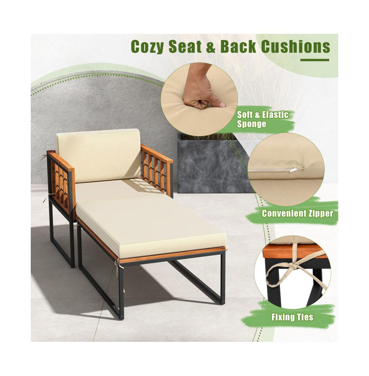 Boyel Living Patio Acacia Wood Armchair with Long Ottoman and Seat Back Cushions