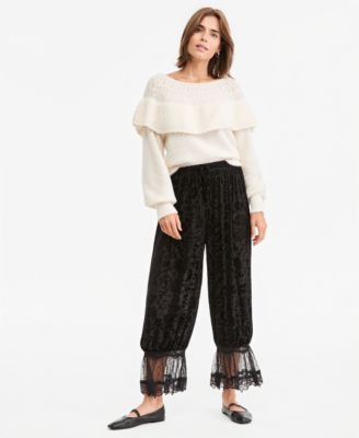 Women's Velvet Burnout Wide-Leg Lace-Trim Pants