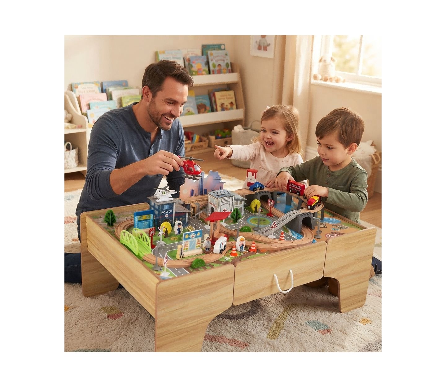 Детские игрушки HONGGE 110-Piece Wooden Train Table With Storage Drawer, цвет: Коричневый — фото 10