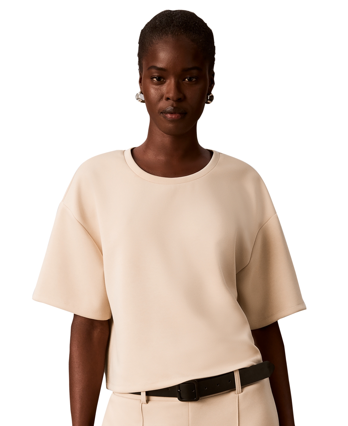 Calvin Klein Women's Boxy Tee Soft Scuba Short-Sleeve Sweater