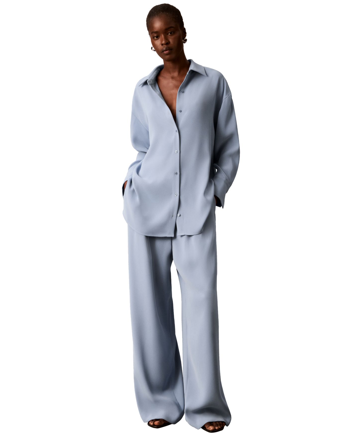 Женский топ Calvin Klein Collared Neck Long-Sleeve Button-Up Top, цвет: Синий бриллиантовый — фото 2