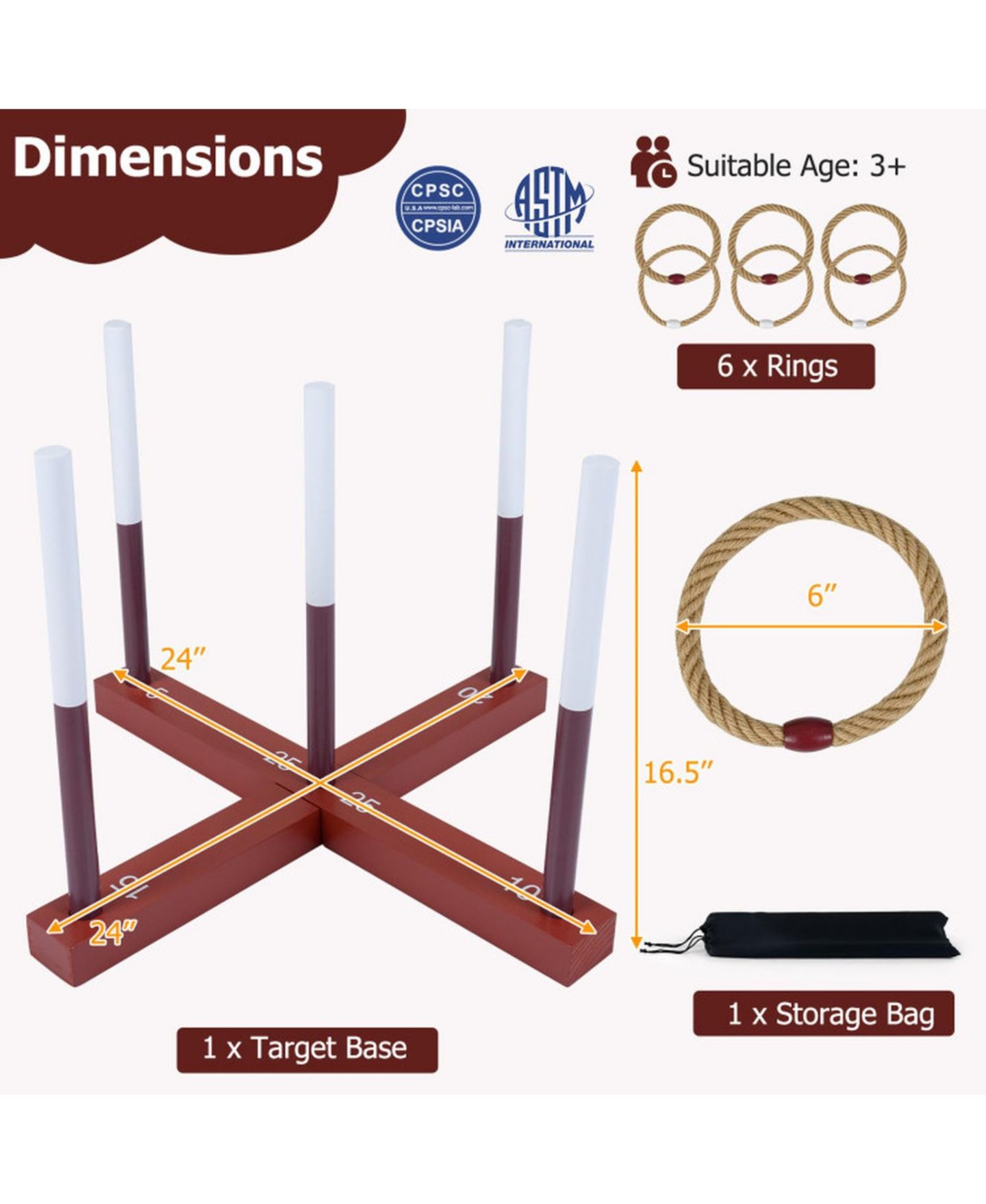 Детские игрушки HONGGE Wooden Ring Toss 24" x 24" Tool-Free Setup Yard Game with 6 Rope Rings and Storage Bag, Ages 3+, цвет: Коричневый — фото 4