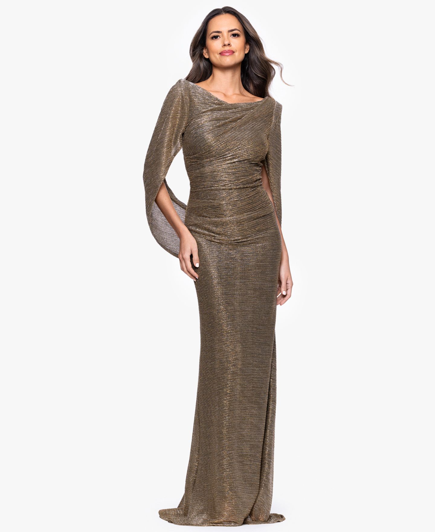 Женские платья Betsy & Adam Petite Mother of Bride Metallic-Crinkle Long-Sleeve Gown, цвет: Мокко золотой — фото 2