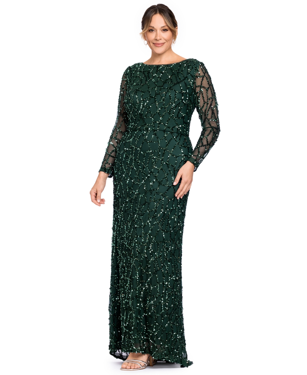 Betsy & Adam Plus Long-Sleeve Sequin Gown