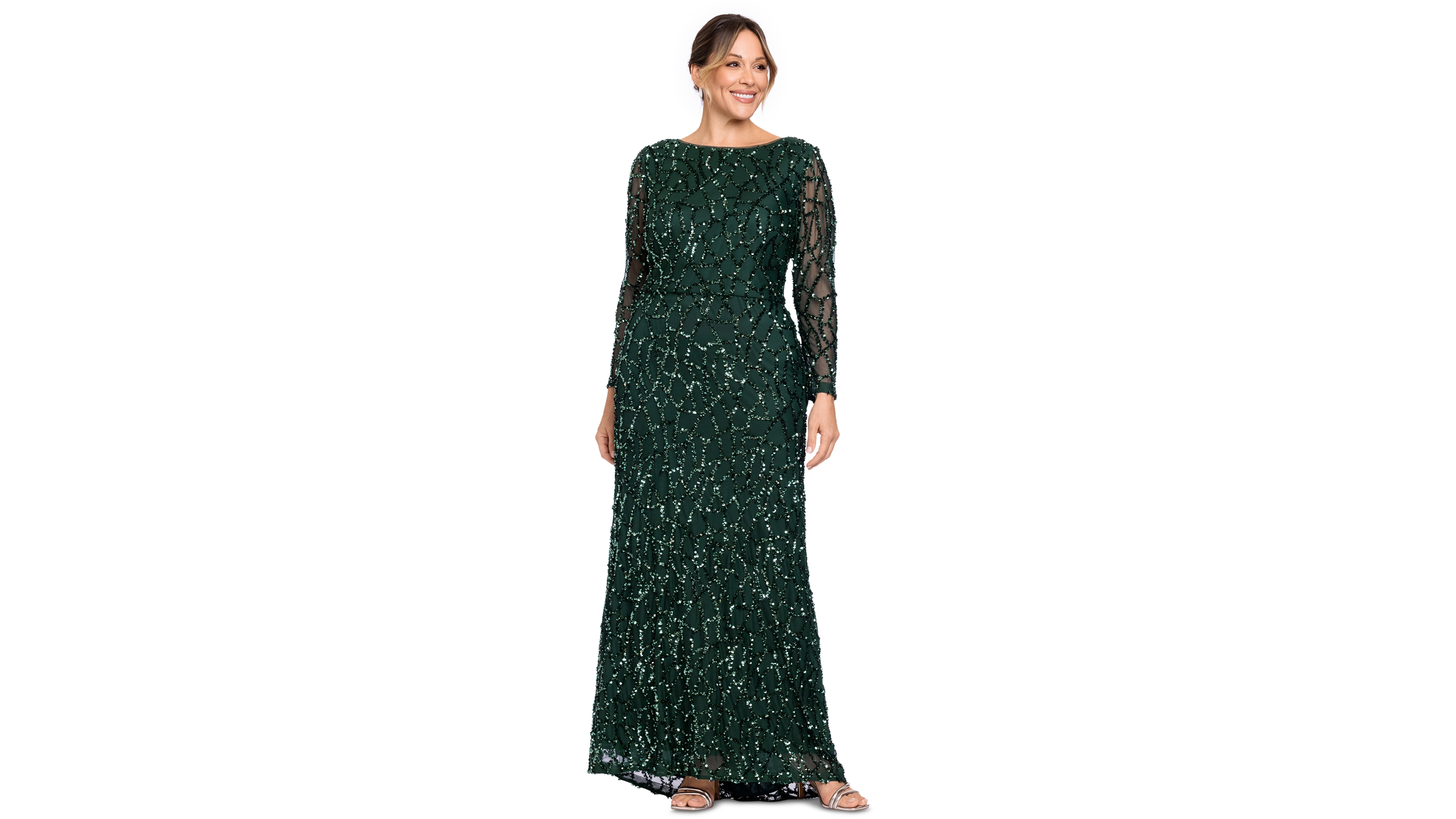 Betsy & Adam Plus Long-Sleeve Sequin Gown