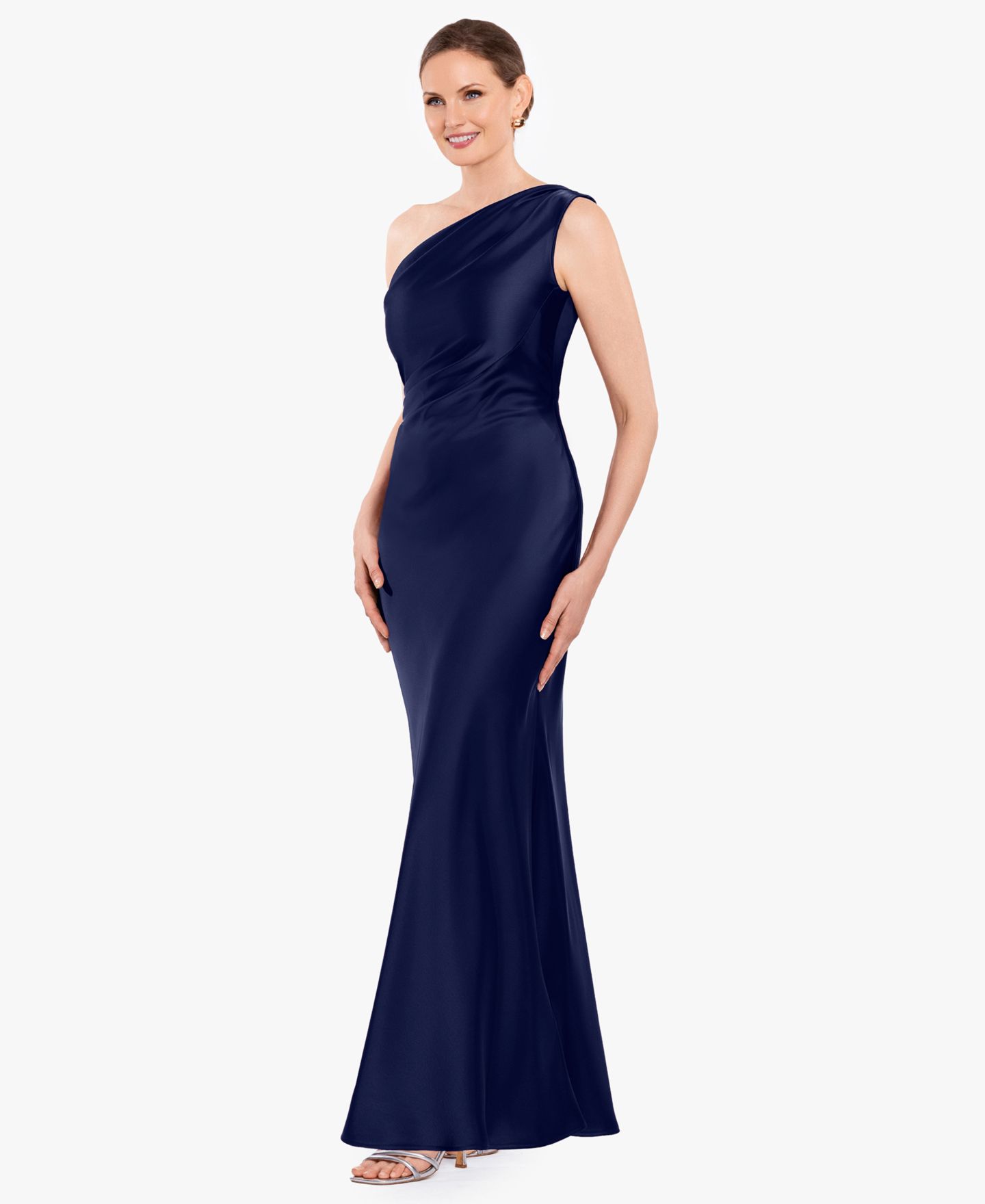 Женское платье Betsy & Adam One-Shoulder Draped Evening Gown, цвет: Тёмно-синий — фото 2
